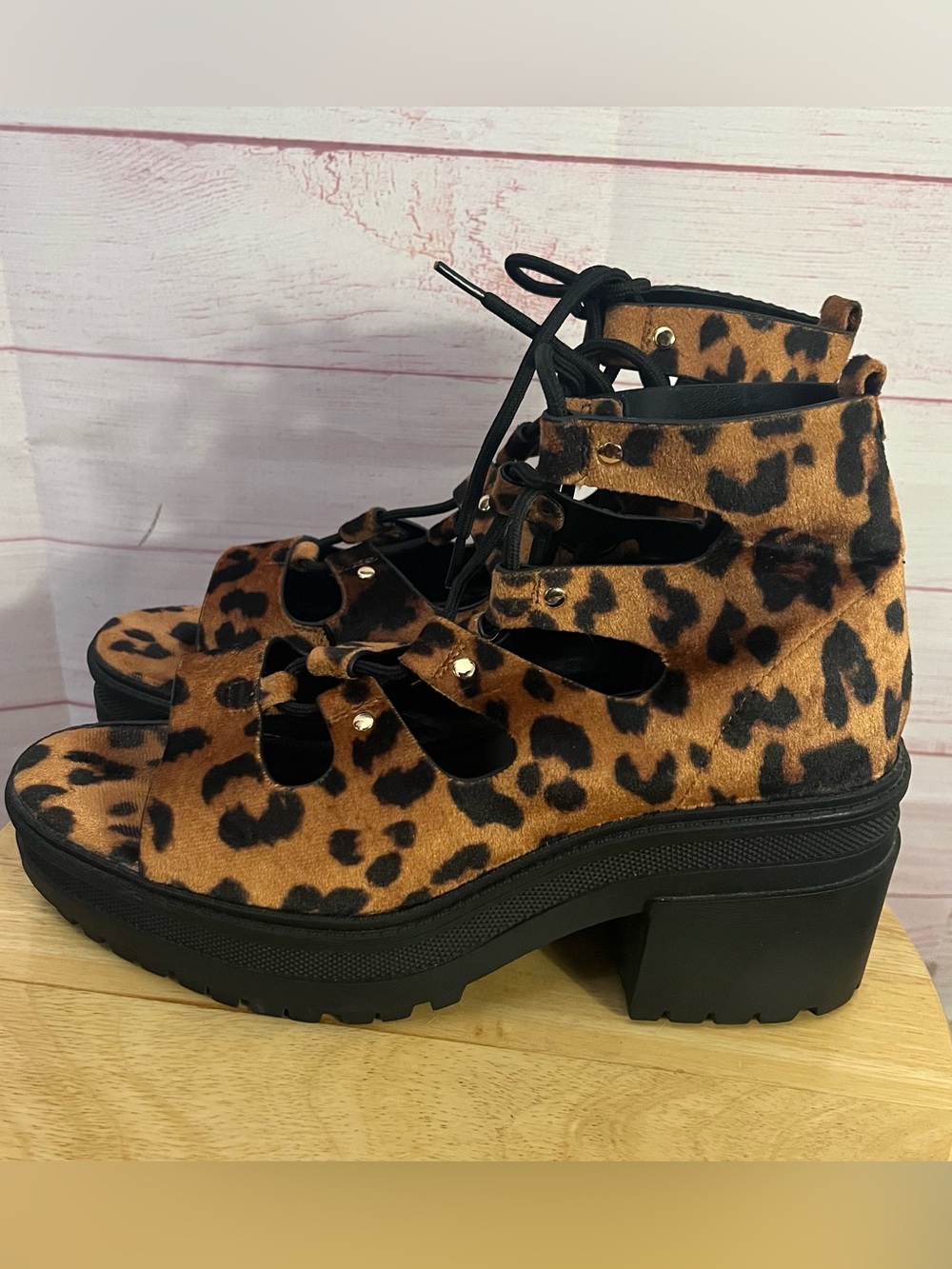 ASOS Animal Print Sergio Lace Up Open Toe Chunky Platform Heel Boot  Size 7